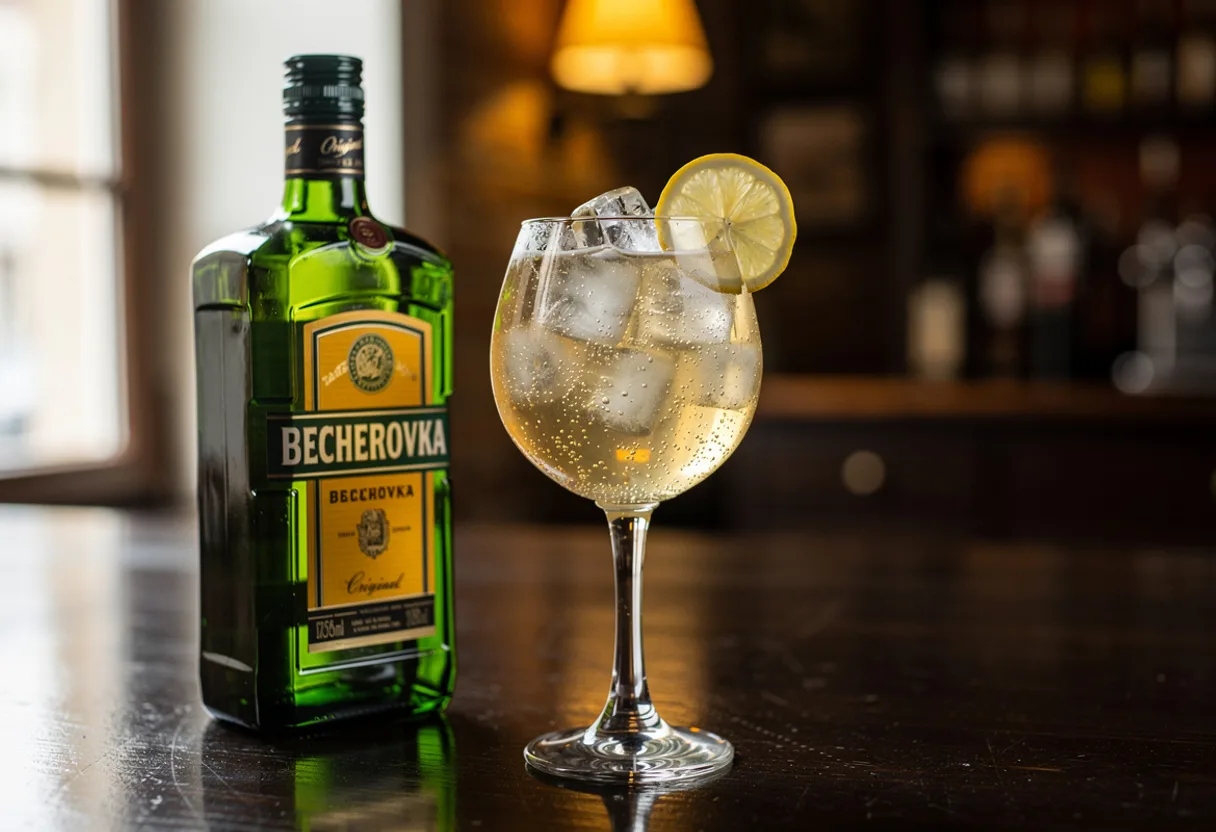 Stemmed glass of pale golden Becherovka and tonic over ice with a lemon slice