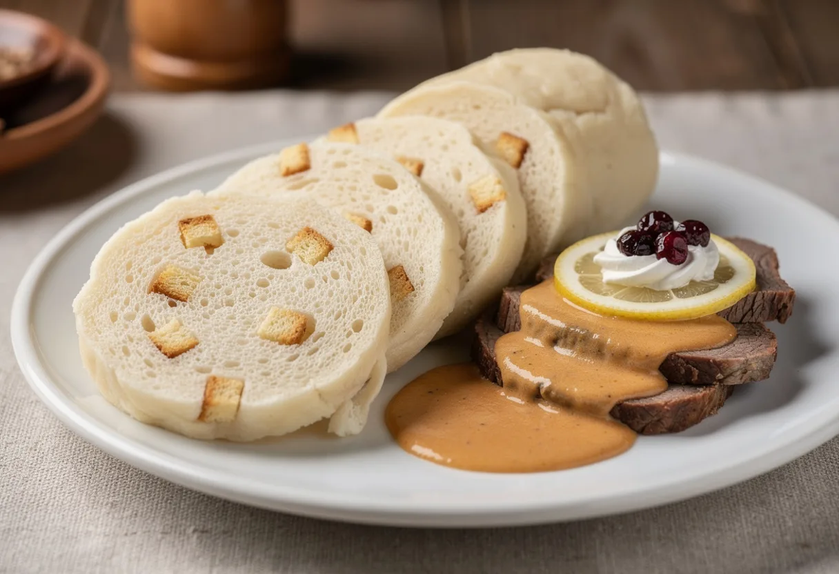 Sliced Czech bread dumpling showing a soft airy crumb with bread cubes, beside beef in a creamy sauce