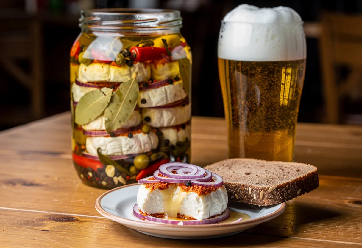Glass jar of halved white-rind cheeses layered with red onion, bay leaves and chilli peppers in golden oil