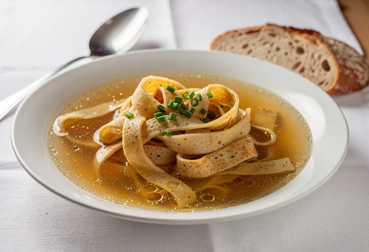 Soup plate of clear golden beef broth with thin pancake strips and chopped chives