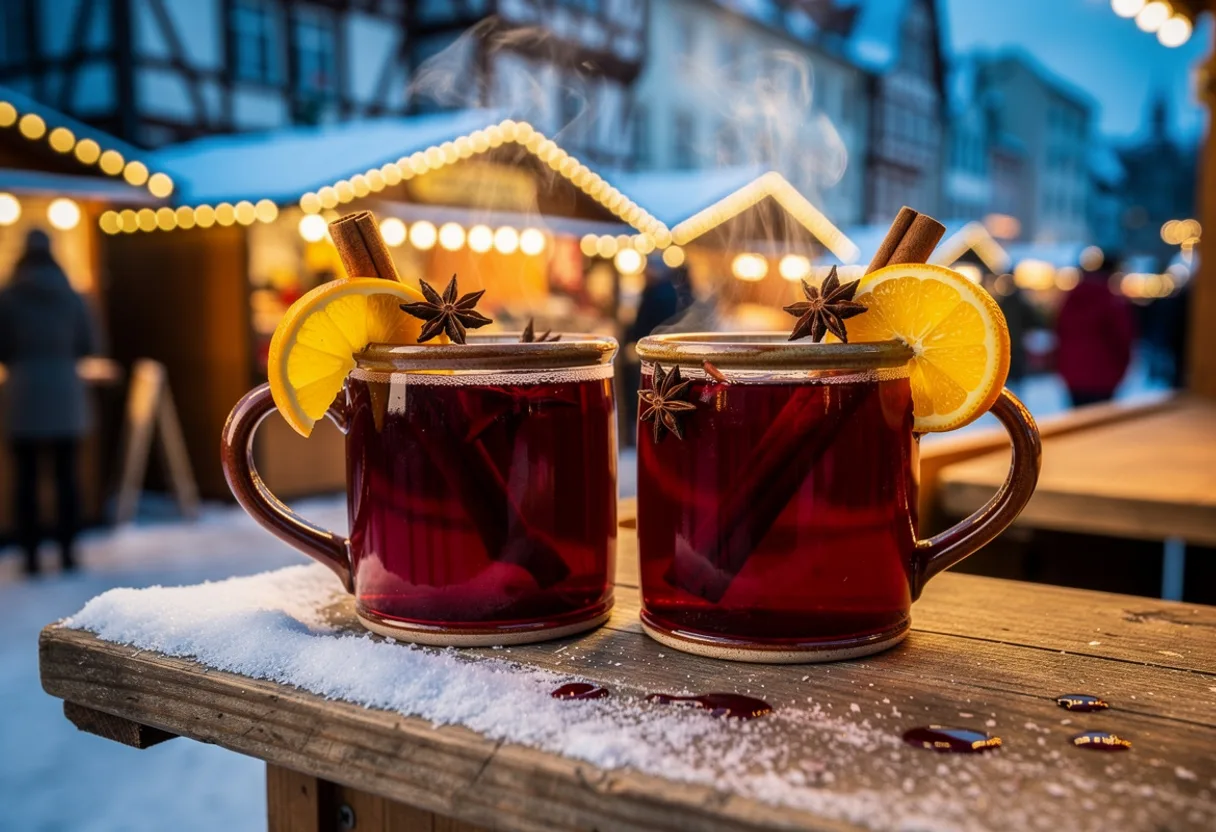 Steaming mugs of deep red Glühwein with orange slices and cinnamon at a snowy Christmas market