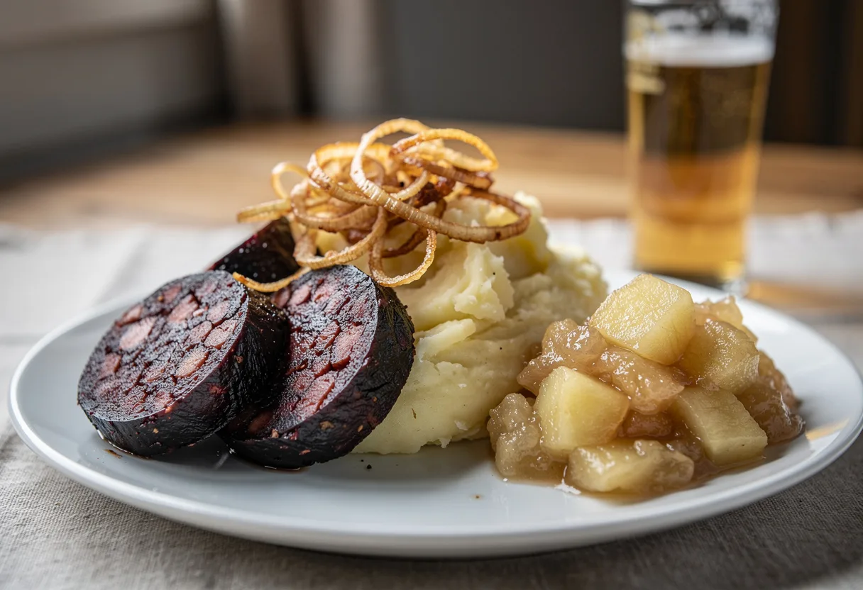 Mashed potatoes with chunky apple compote, crisp fried blood sausage slices and golden fried onions