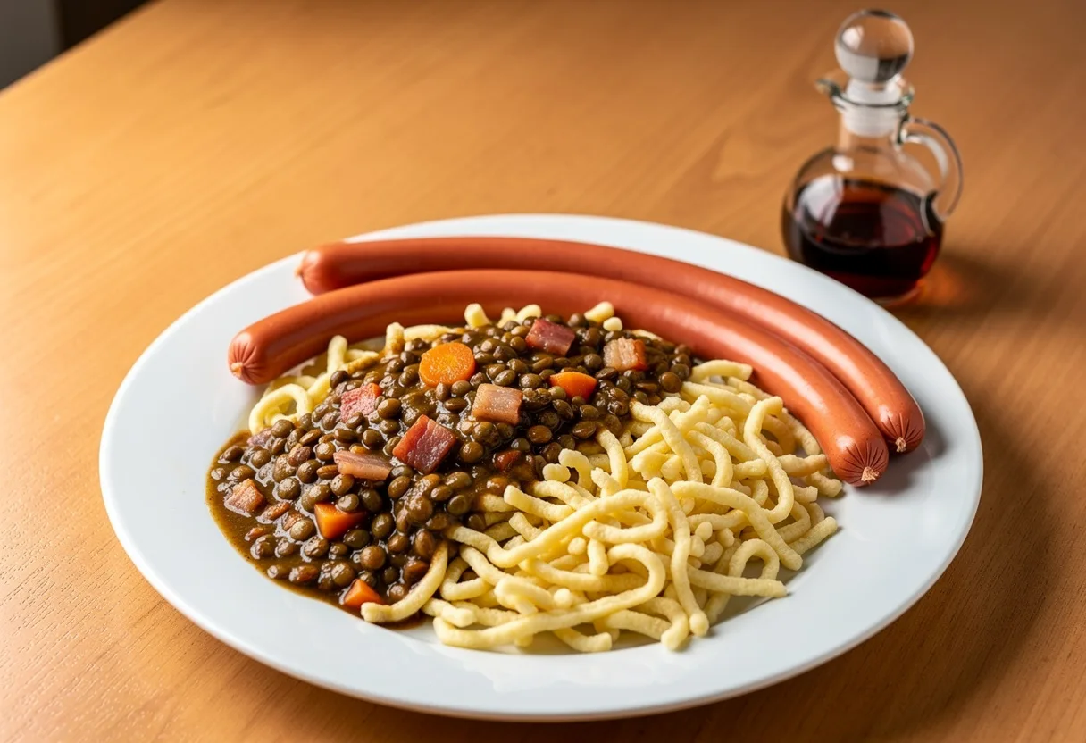 Plate of brown lentil stew over fresh yellow spätzle with two long thin Vienna sausages