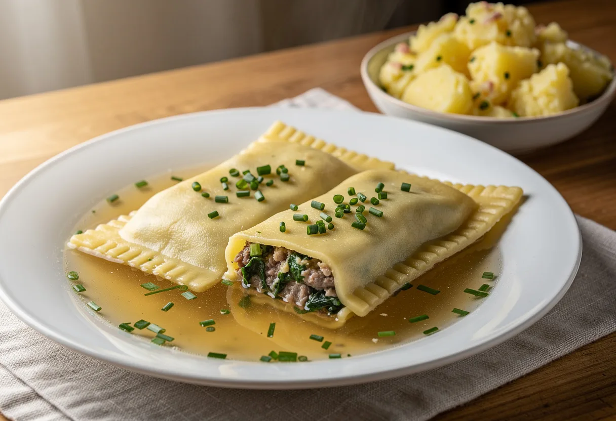 Large rectangular Swabian Maultaschen pasta pockets in a bowl of clear golden beef broth with snipped chives
