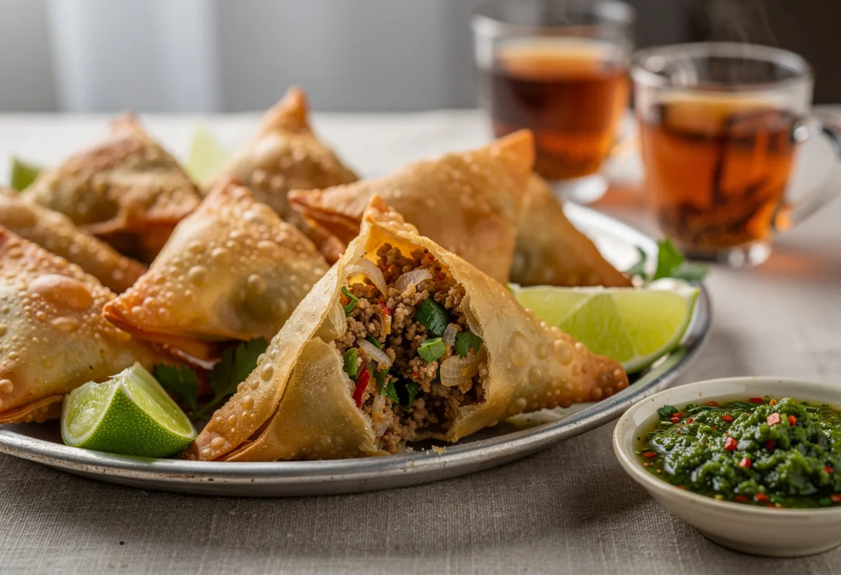 Golden triangular fried sambusa pastries on a tray, one broken open to show spiced minced meat and herbs, with lime wedges
