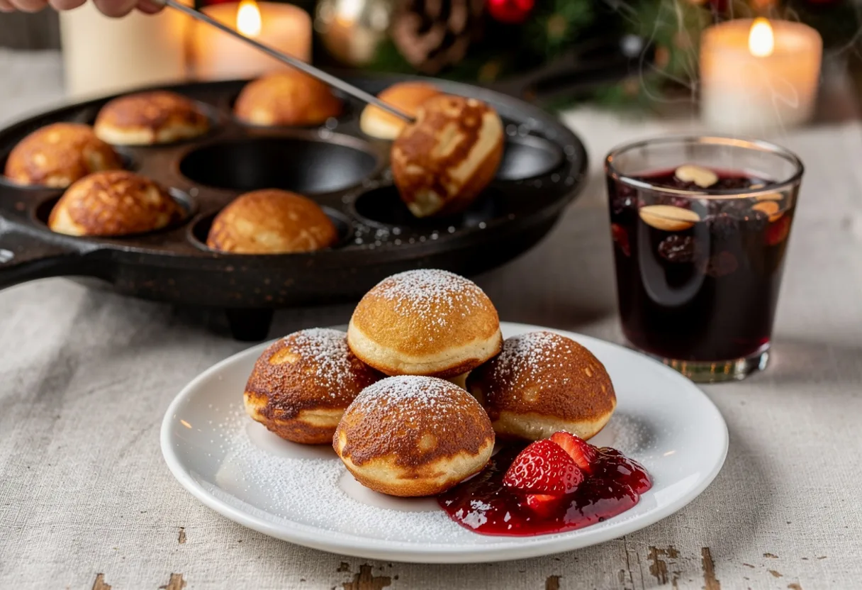 Round golden Danish æbleskiver dusted with icing sugar on a plate with strawberry jam, beside a glass of mulled wine