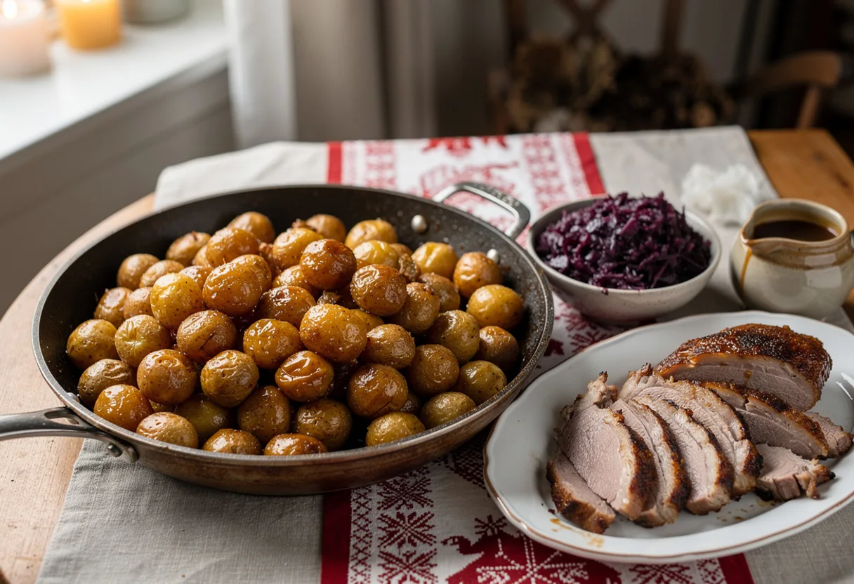 Small whole potatoes glazed in shiny golden-brown caramel in a pan, beside roast duck and red cabbage