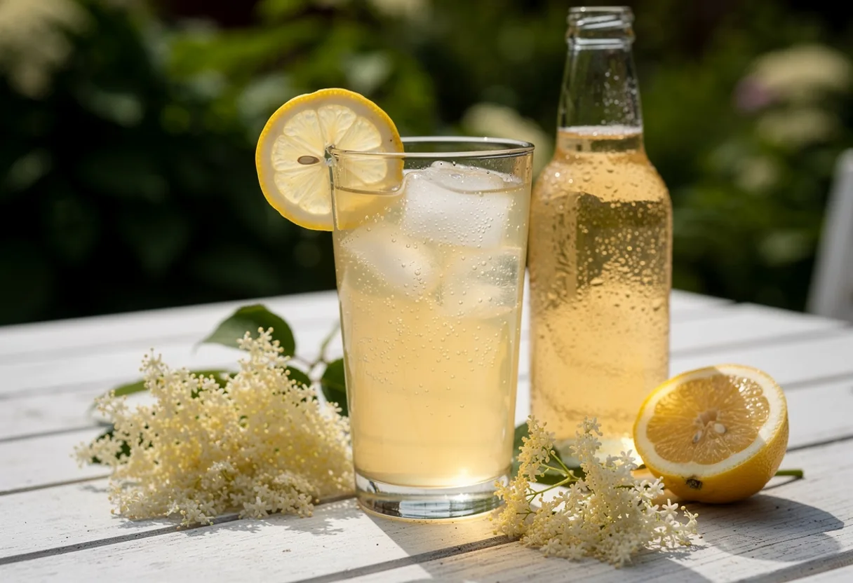 Bottle of pale golden elderflower cordial and a glass of the diluted drink with ice, lemon and fresh elderflower heads
