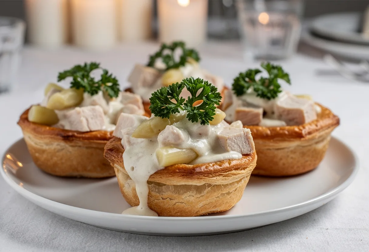 Crisp puff pastry tartlet cases filled with creamy chicken and white asparagus, topped with parsley