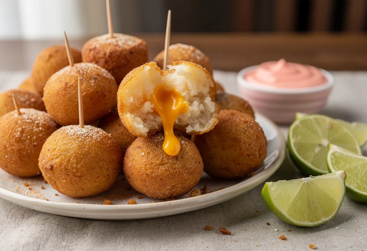 Golden fried cassava balls, one broken open to show melted cheese, on a platter with lime