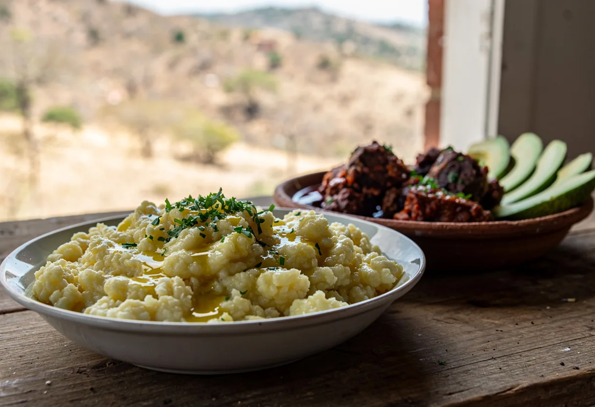 A bowl of thick, creamy pale yellow cracked corn beside a dish of stewed goat