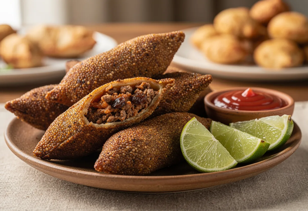 Deep brown fried torpedo-shaped bulgur and beef fritters with pointed ends, one cut open to show beef filling, with ketchup