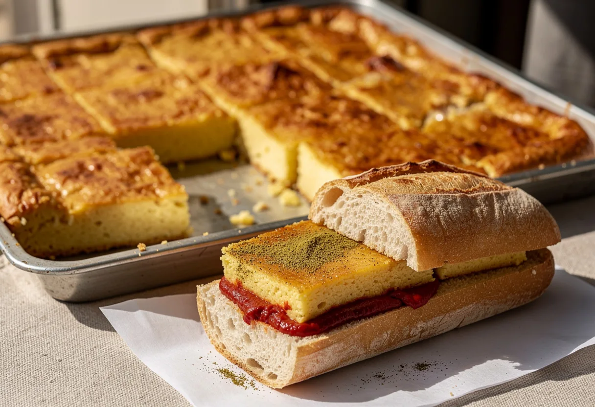 Squares of golden-topped chickpea flan, one tucked into a baguette with harissa