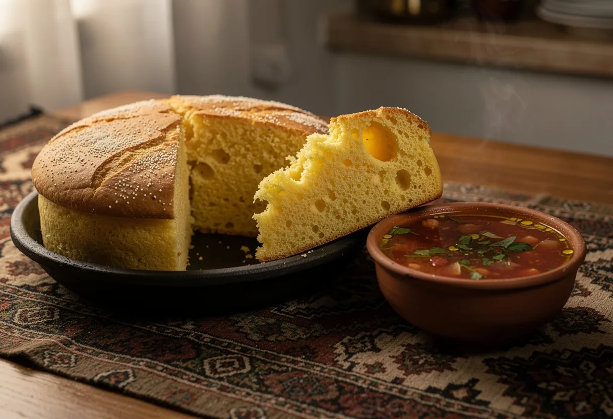 A thick round of golden, speckled semolina bread on a clay pan, one wedge torn to show the crumb