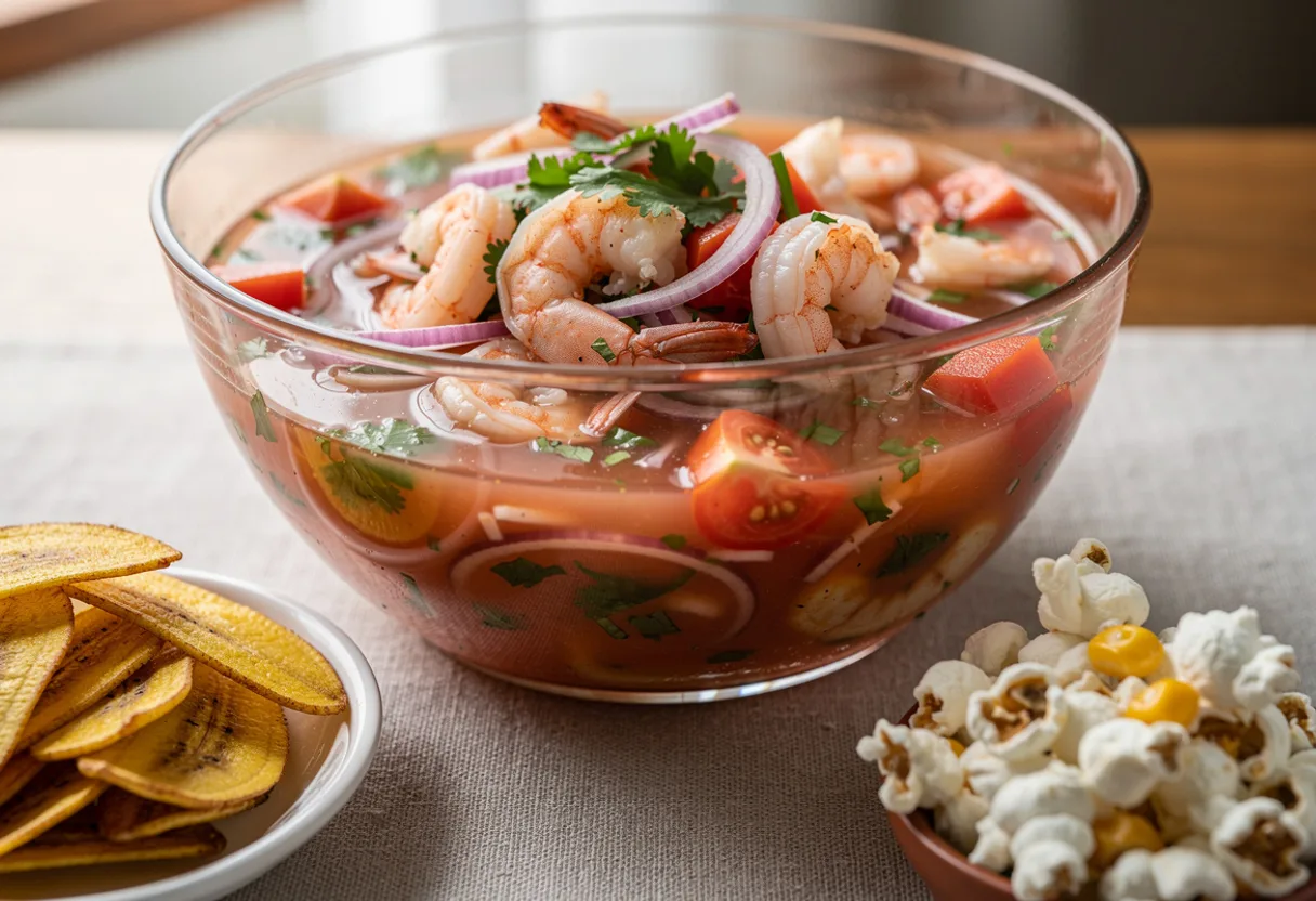 A glass bowl of pink shrimp in a red citrus marinade with onion and tomato, beside plantain chips and popcorn