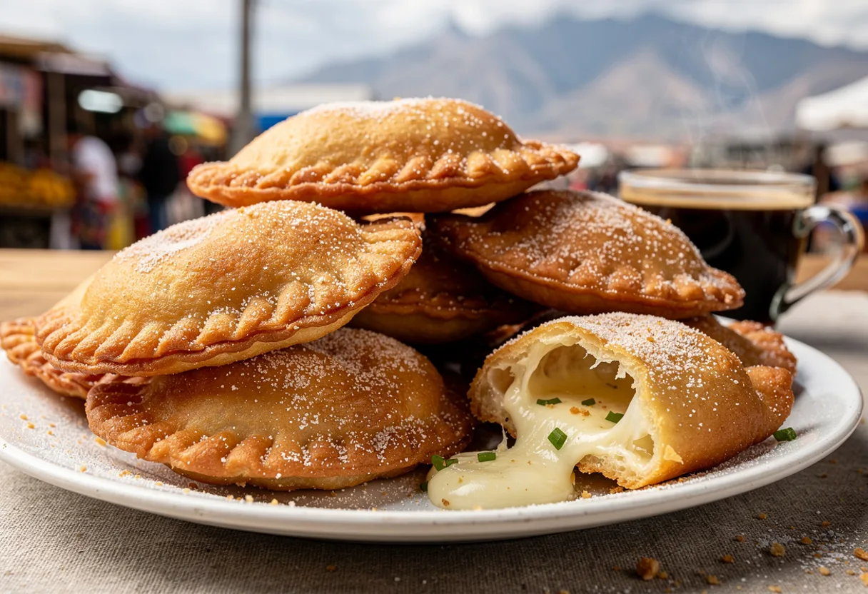 Puffed, golden fried half-moon empanadas with crimped edges, dusted with white sugar, one broken open to show melted cheese