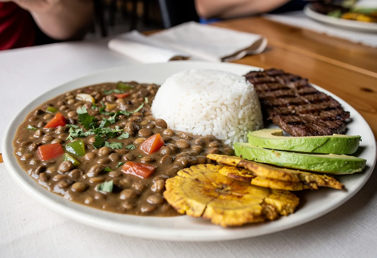 A plate of thick brown lentil stew beside white rice, a thin grilled steak and fried plantain