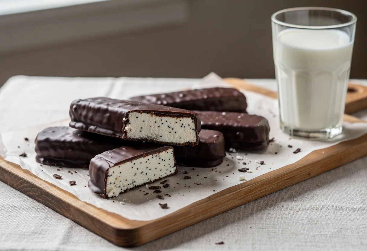 Small rectangular bars coated in glossy dark chocolate, one cut to show white curd filling
