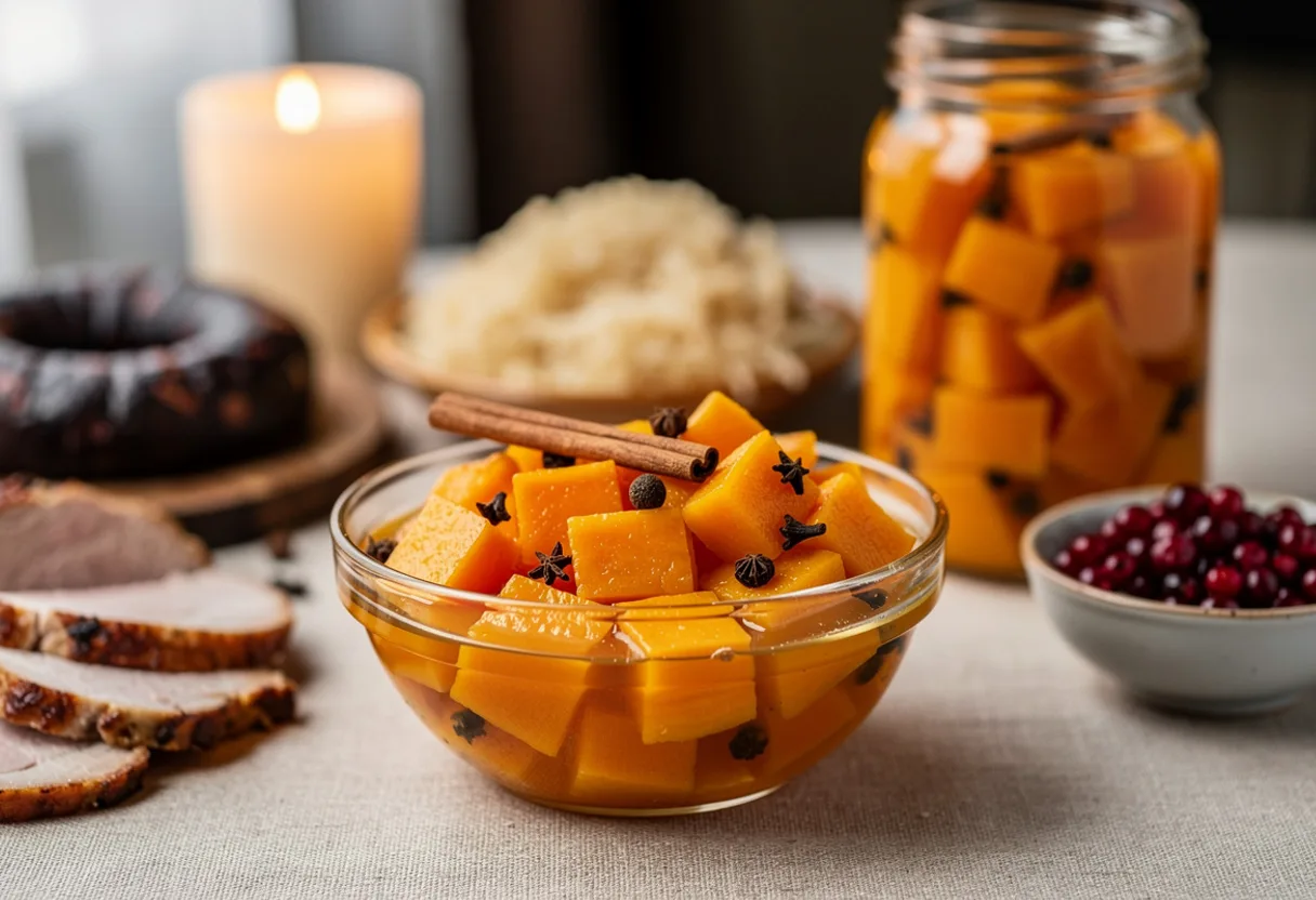 Glass bowl of glossy translucent orange pumpkin cubes in spiced syrup with cinnamon and cloves