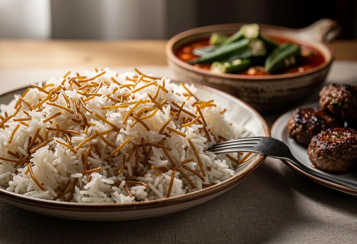 Fluffy white short-grain rice speckled with toasted golden-brown vermicelli