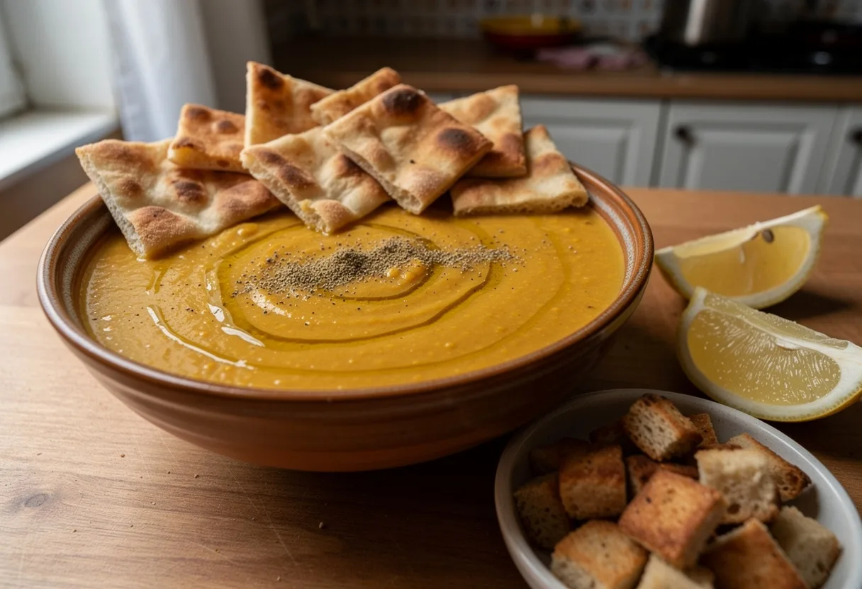 Bowl of smooth golden-orange Egyptian lentil soup topped with toasted pita croutons and cumin, with lemon wedges