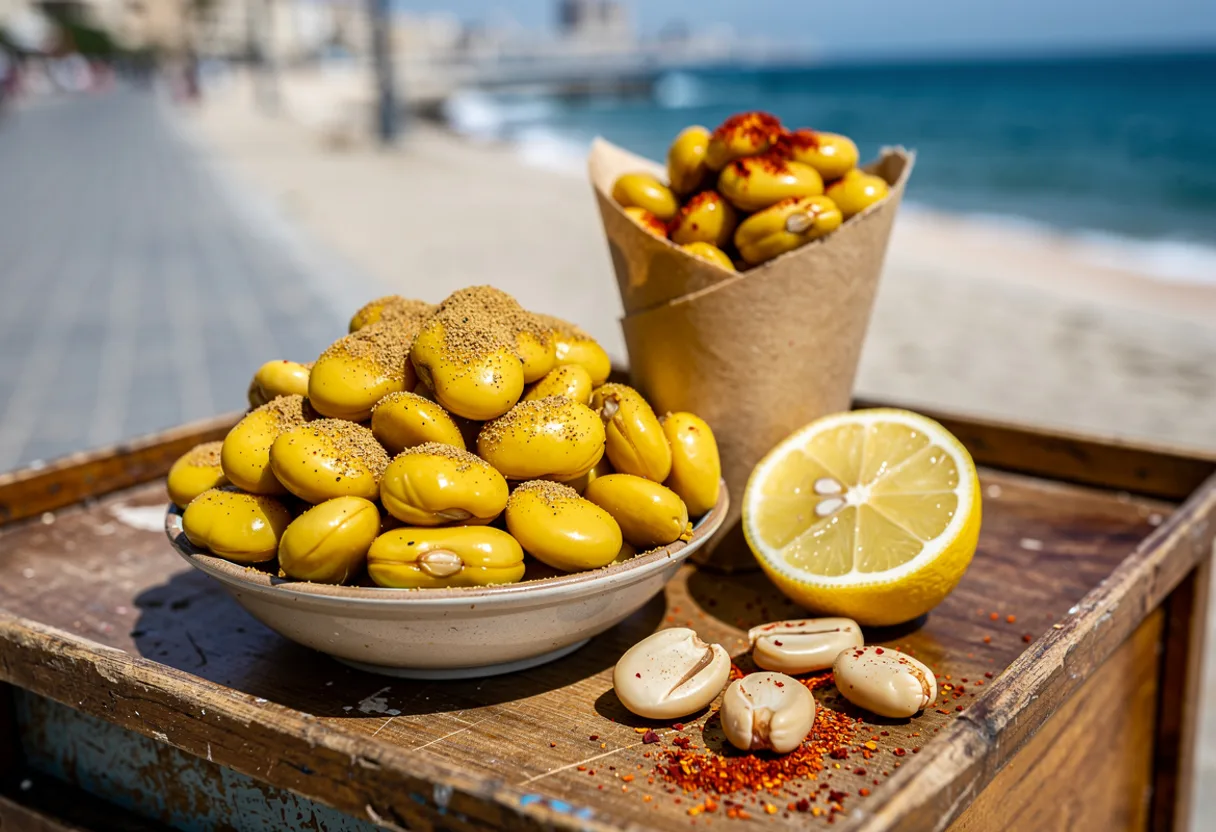 A paper cone and a bowl of shiny yellow lupini beans with lemon and cumin