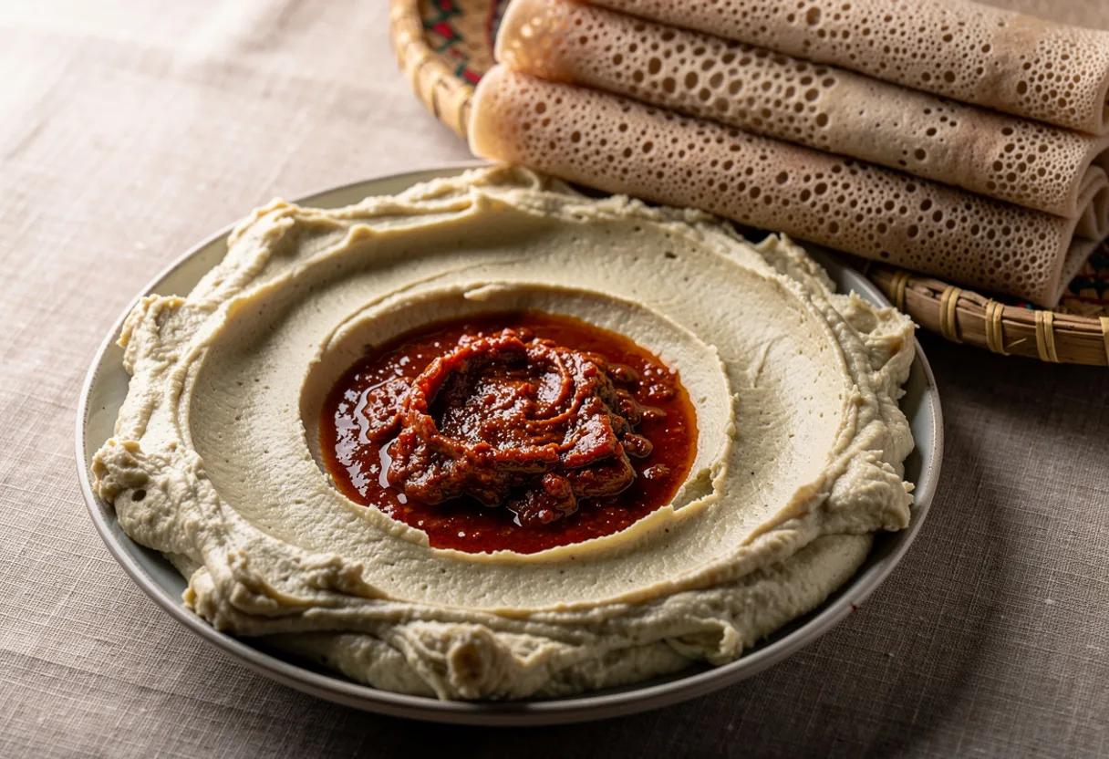 Plate of pale, fluffy whipped fava bean hilbet with a well of red berbere tomato sauce, beside injera
