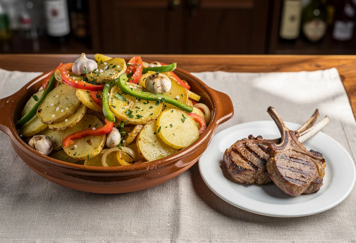 Earthenware dish of soft golden potato slices with strips of green and red pepper, onion and whole garlic cloves