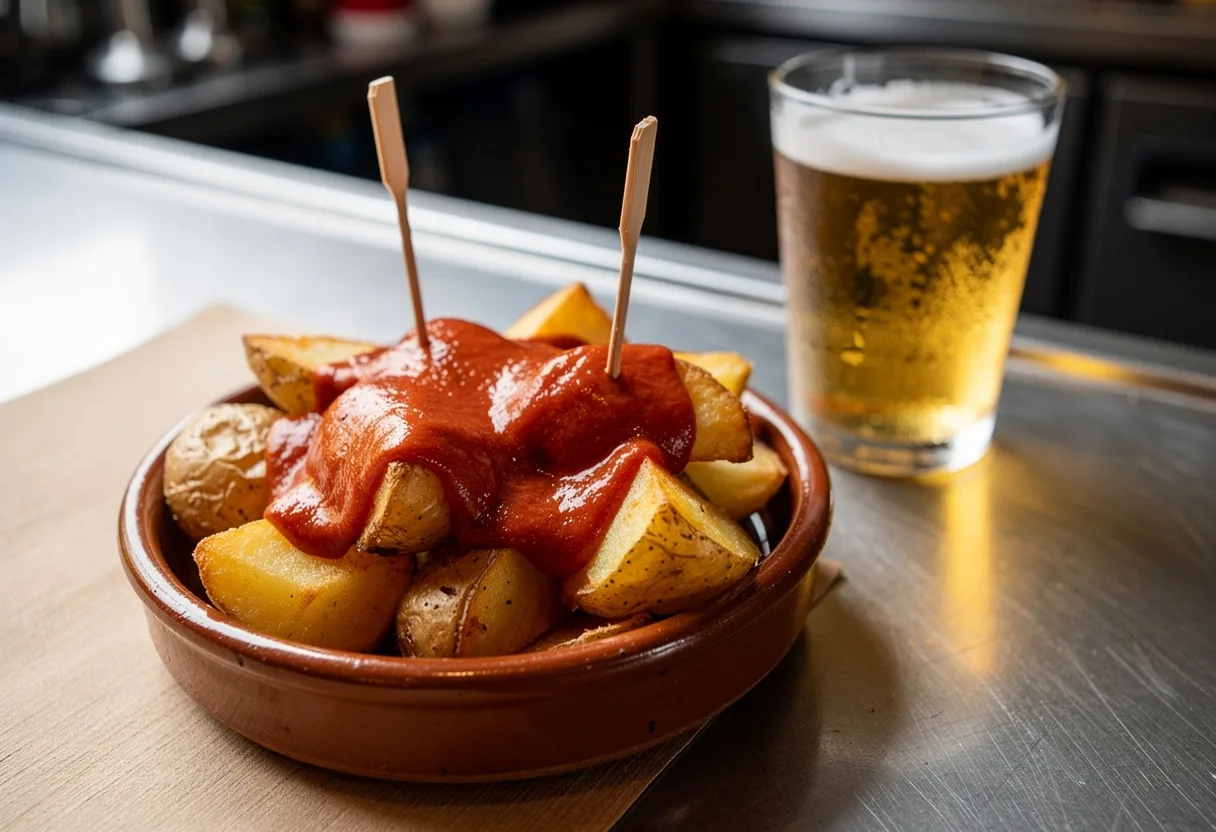 Terracotta dish of crisp fried potato chunks covered in a glossy brick-red spicy paprika sauce, with wooden toothpicks