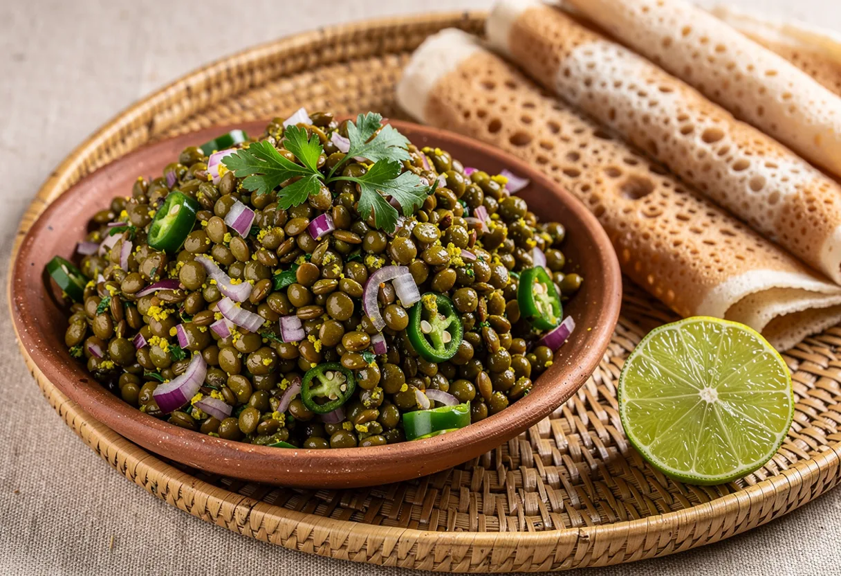 Bowl of chilled green lentil salad with finely chopped red onion and green chili, beside rolled injera