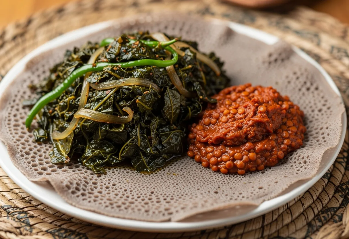 Soft, dark green chopped collard greens with onion and green chili on injera