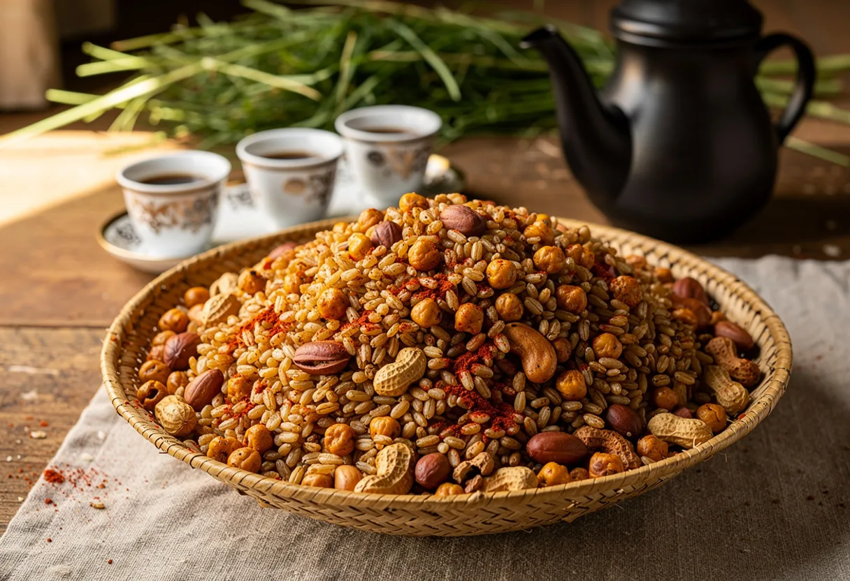 A bowl of toasted barley, roasted chickpeas and peanuts beside a small coffee cup