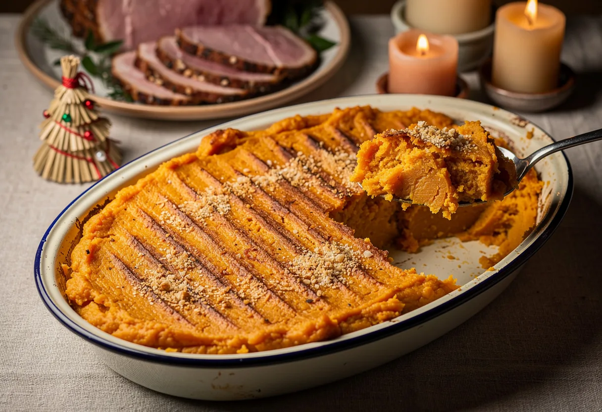 An oval dish of baked orange swede casserole with a browned surface marked in a fork pattern