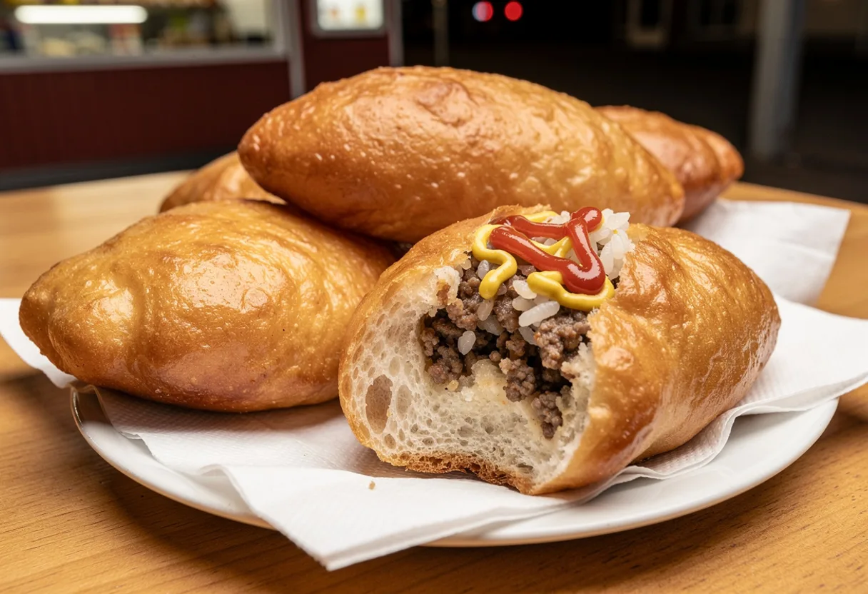 Golden deep-fried oval Finnish meat pies, one cut open to show minced beef and rice, with mustard and ketchup