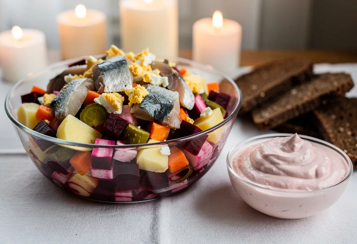 A glass bowl of diced beetroot, potato, carrot and gherkin salad with herring and egg, beside a bowl of pink whipped cream dressing