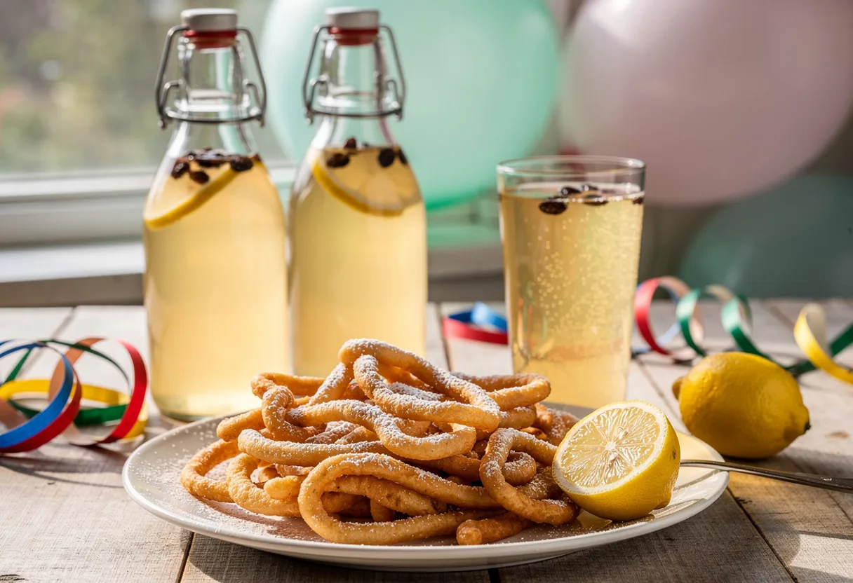 Bottles and a glass of cloudy golden sima with raisins floating at the top, next to a lemon and tippaleipä funnel cakes