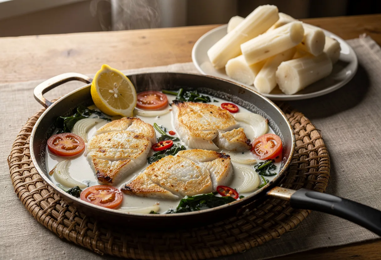 Golden fried fish steaks simmered in thick white coconut cream with tomato, onion, greens and chilli, with boiled cassava