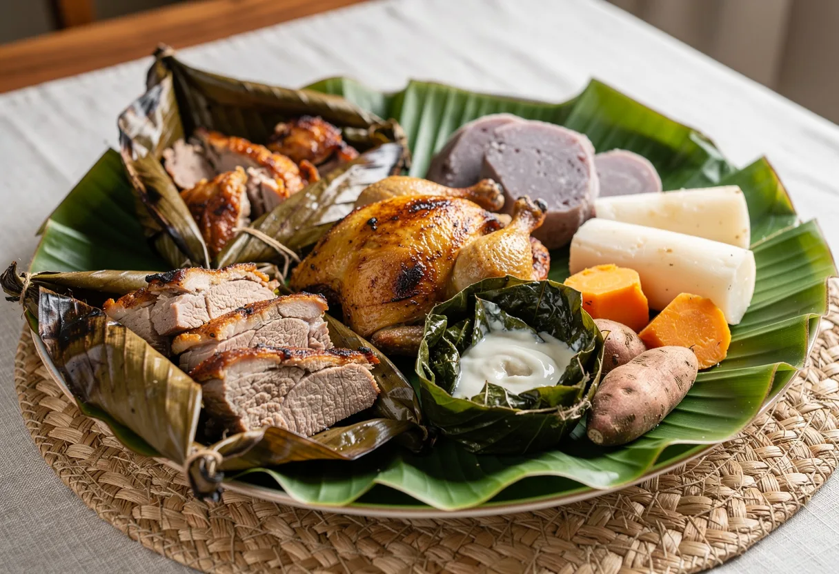 Opened banana-leaf parcels of roasted chicken and pork with dalo, cassava and kumala and a soft palusami parcel of taro leaves in coconut cream