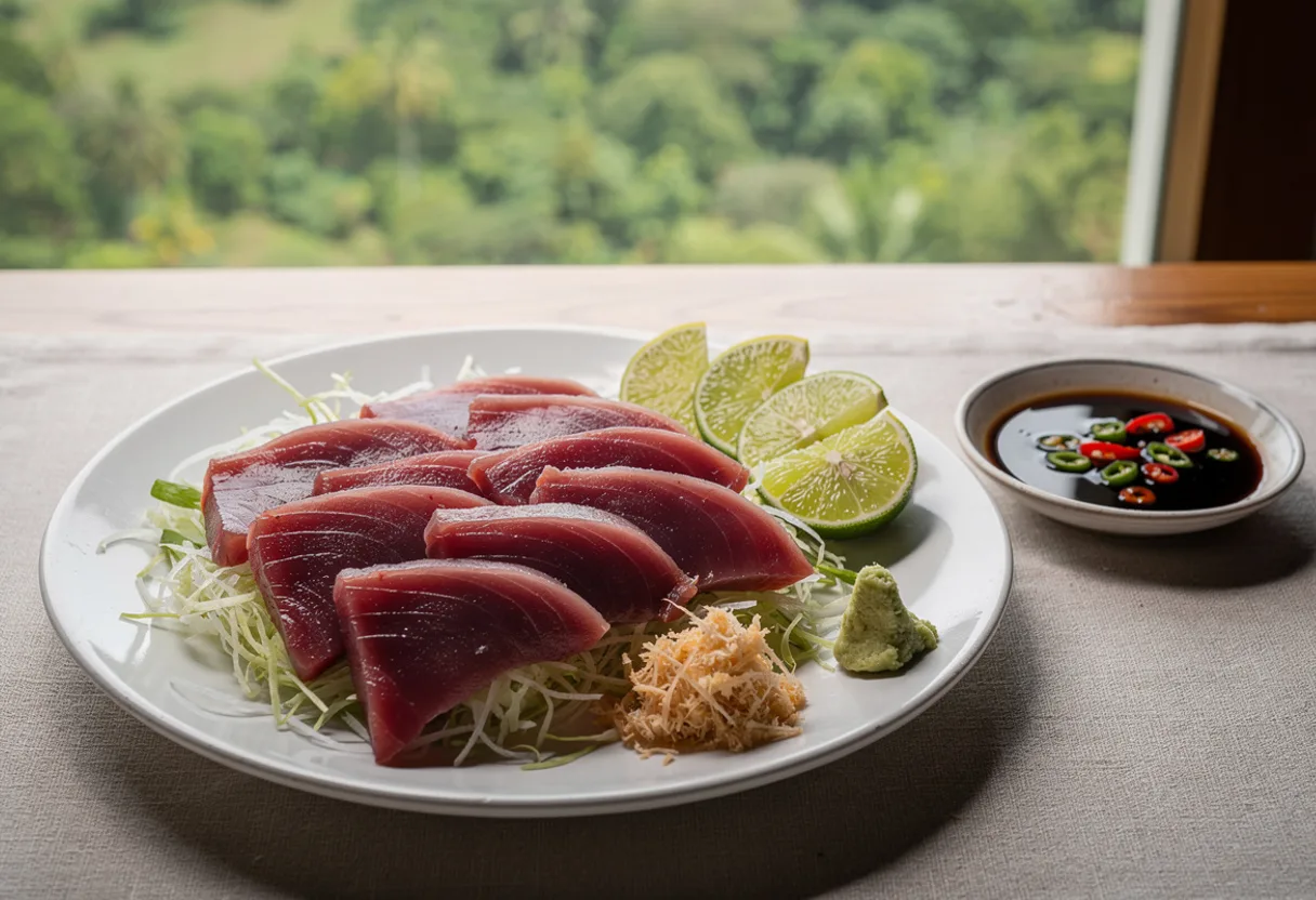 Thick slices of deep red raw tuna on a plate with lime wedges, a dish of soy sauce and chopped hot peppers