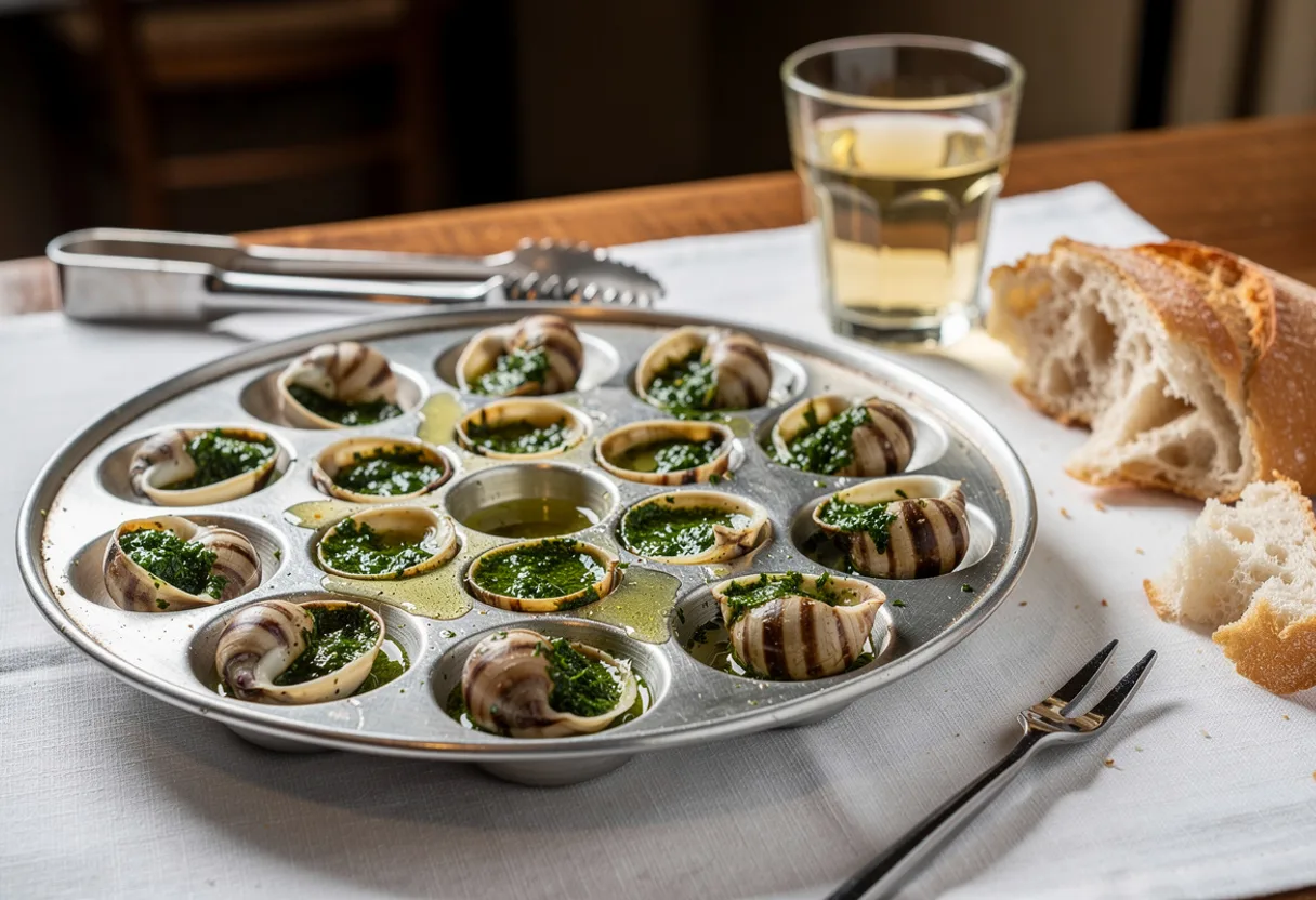 Dimpled snail dish holding a dozen baked snail shells filled with bubbling green garlic and parsley butter, with a baguette