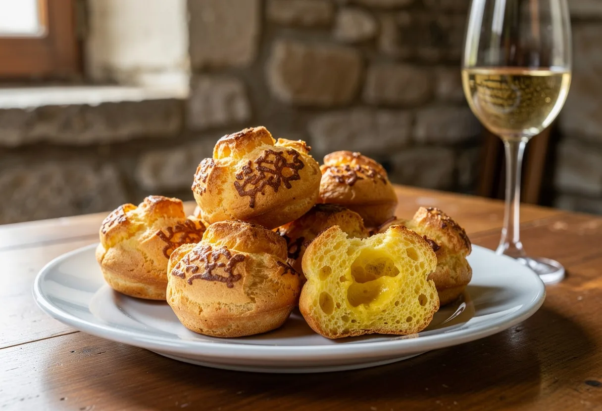 Small golden gougères, crisp cheese choux puffs with browned cheese on top, heaped on a plate beside a glass of white Burgundy