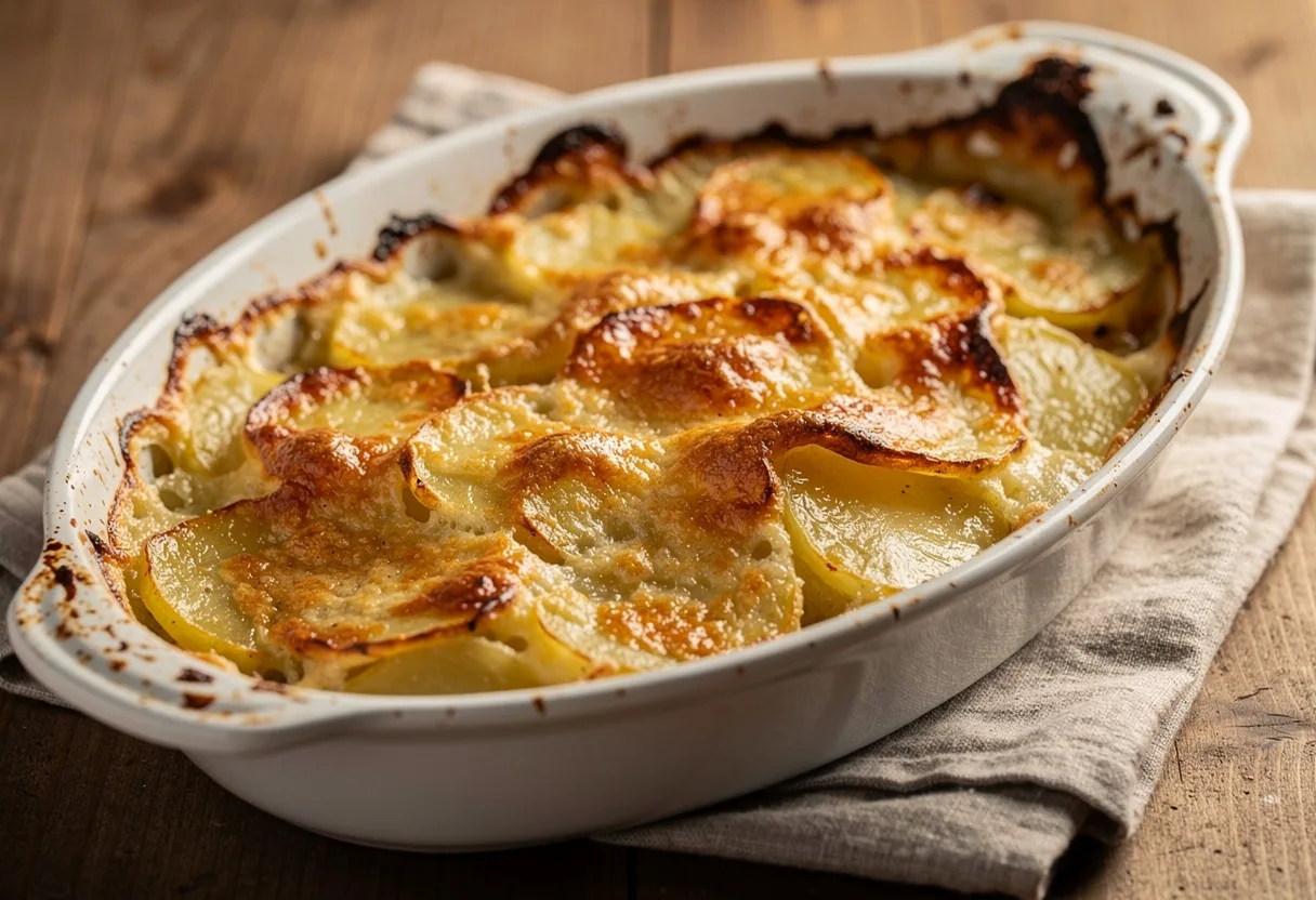 Golden-topped potato gratin in an oval baking dish