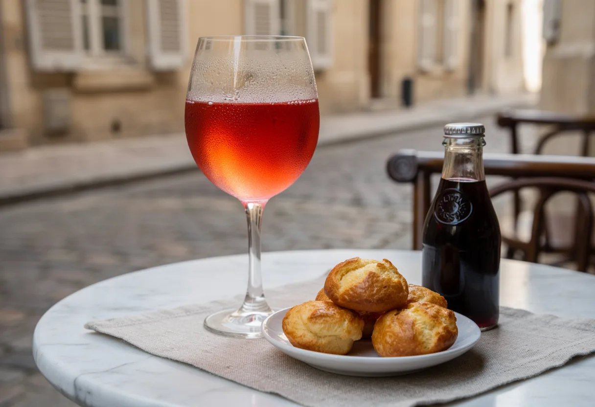 A chilled glass of Kir, clear rose-red white wine and blackcurrant liqueur, in a Burgundy café
