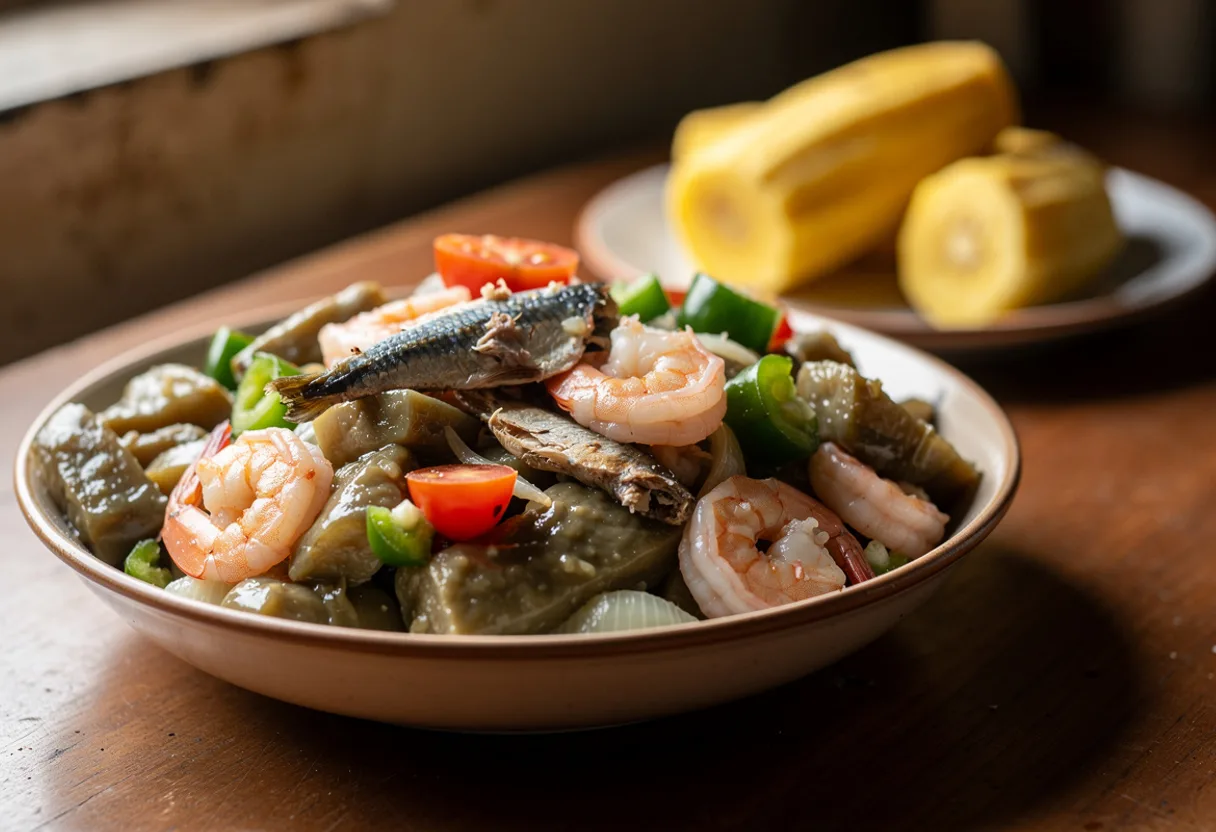 A bowl of soft stewed eggplant with shrimp, sardines, tomato and green pepper, with boiled plantain