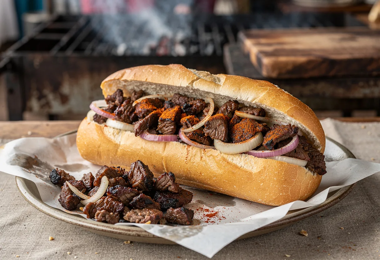 Small pieces of charred chopped grilled beef with onion and chili powder spilling from a split baguette