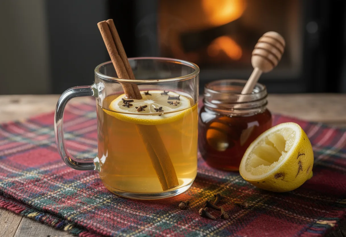 A glass of golden hot toddy with a clove-studded lemon slice and a cinnamon stick