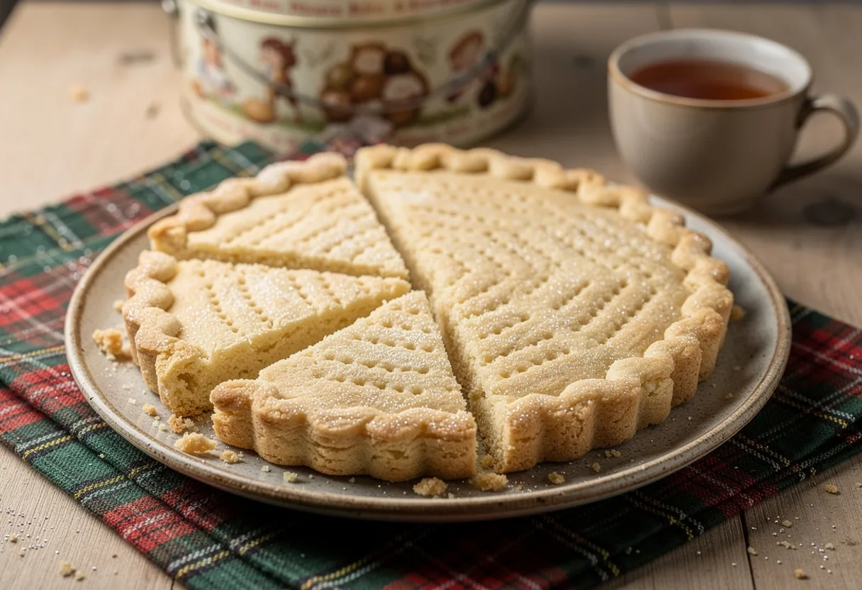 Round of pale golden shortbread cut into eight wedges with a crimped edge, dusted with sugar