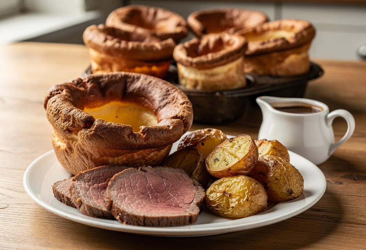 Tall, crisp, golden Yorkshire puddings with hollow centres beside sliced roast beef and gravy