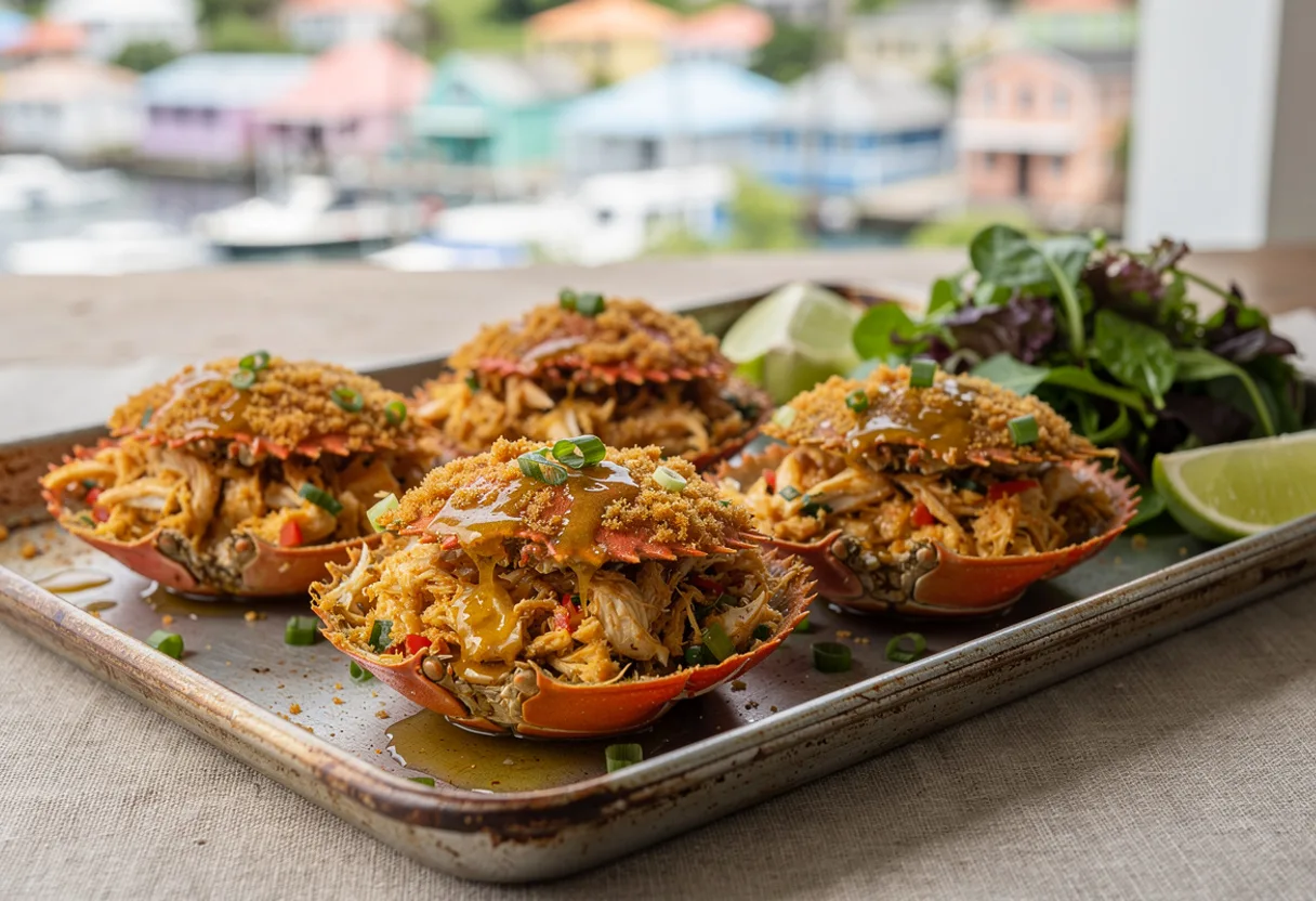 Crab shells filled with seasoned crab meat under a golden, crisp breadcrumb topping, with lime wedges