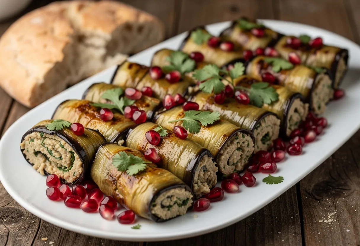 Coiled rolls of golden fried eggplant filled with pale walnut paste, topped with pomegranate seeds and coriander